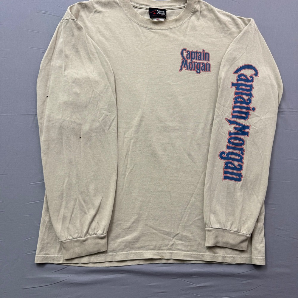 Vintage Captain Morgan Long Sleeve Shirt XL Tan‎ Graphic Captains Crew Pirate